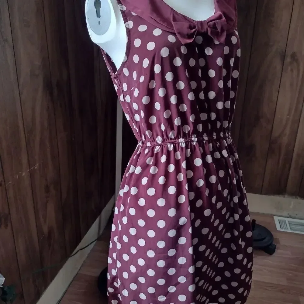VTG Forever 21 Women's Dress Plum Polka Dot Bow Midi Sleeveless Purple Size M